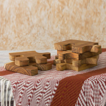 Six Interlocking Eco-Friendly Teak Wood Trivets - Puzzle