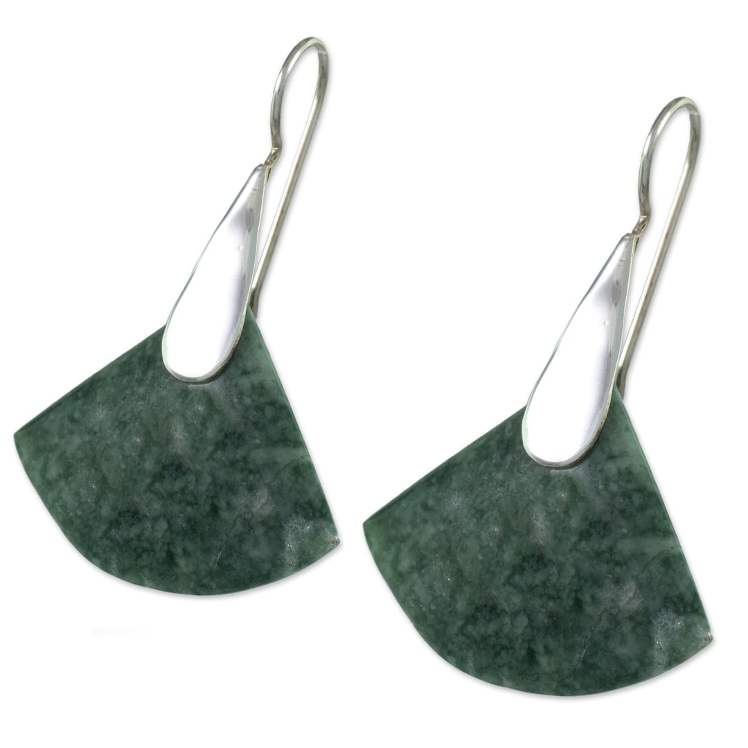 Contemporary Silver Dangle Earrings with Guatemalan Jade - Cool Green Fan