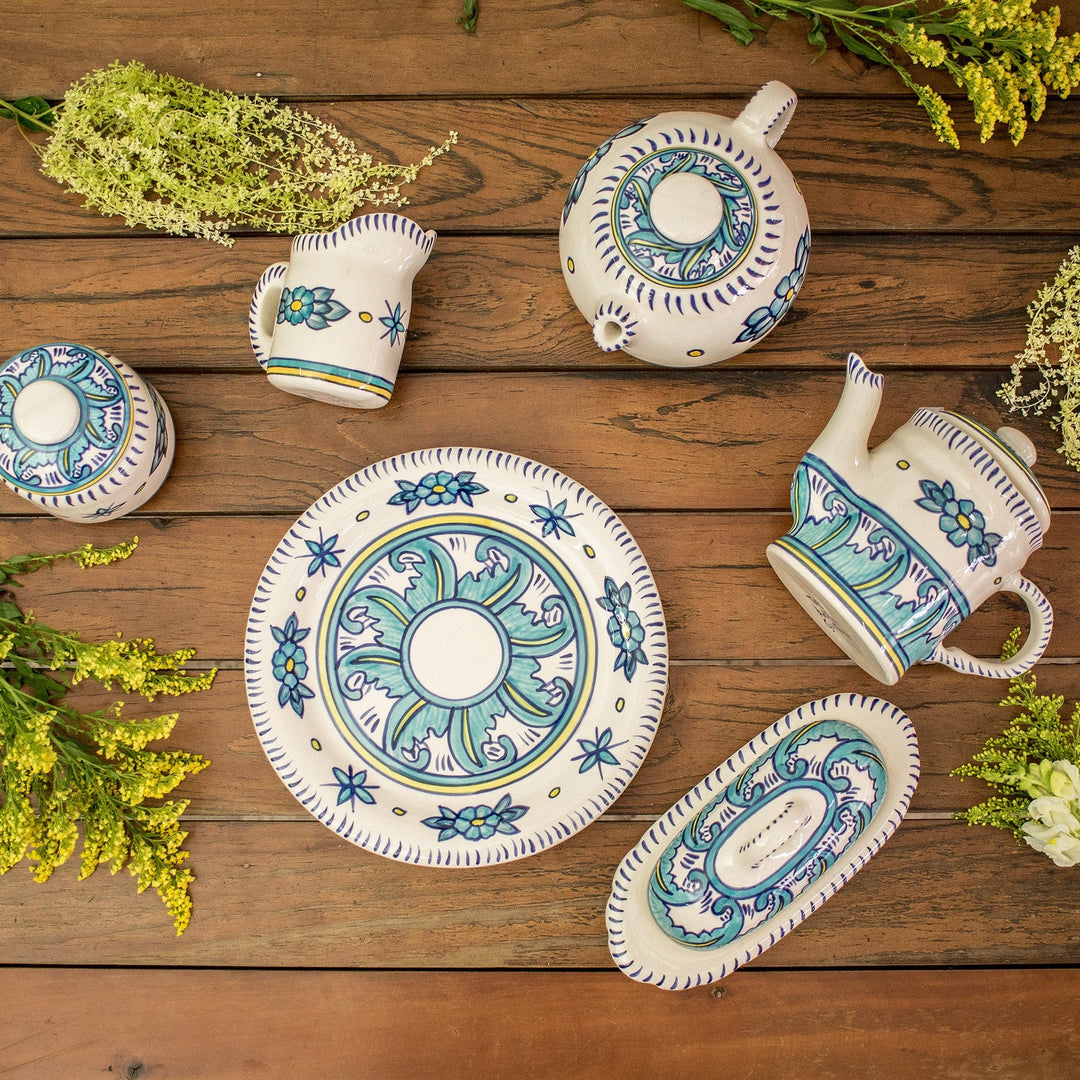 Ceramic White and Turquoise Teapot - Quehueche