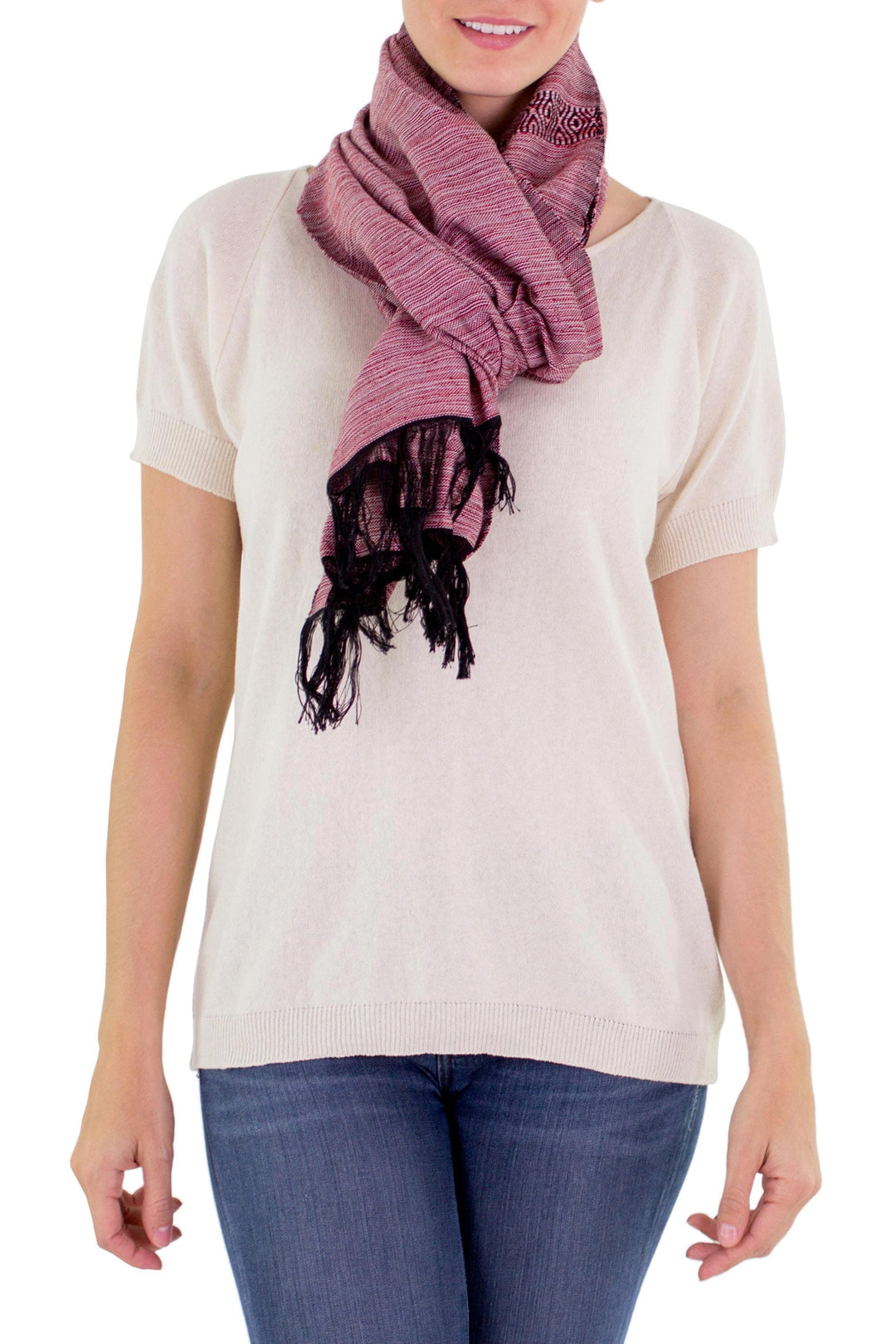 Cotton Scarf in Red White and Black Hand Woven - Mesmerizing Crimson