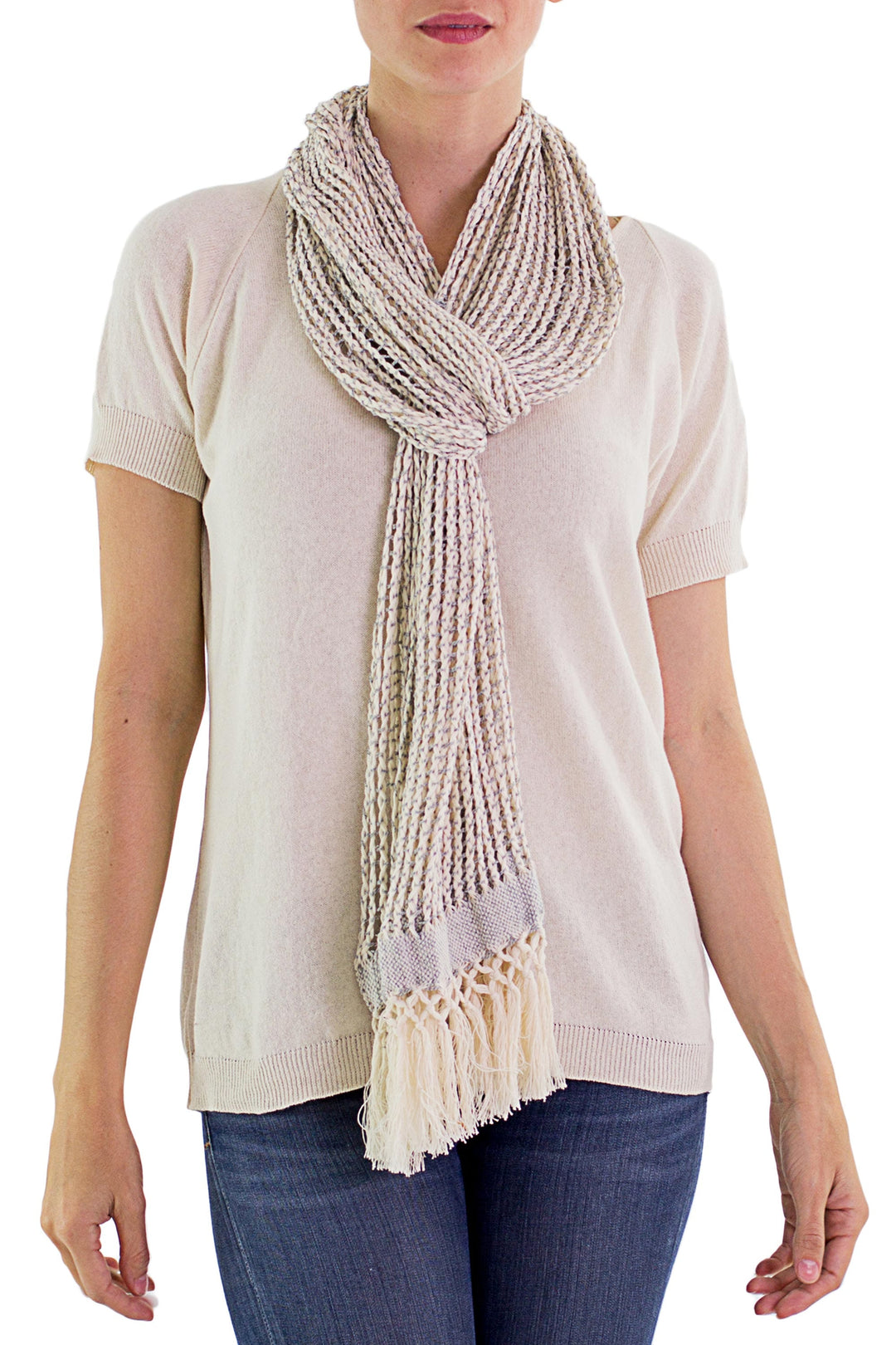 Hand Woven Recycled Cotton Scarf Champagne - Subtle Illusion