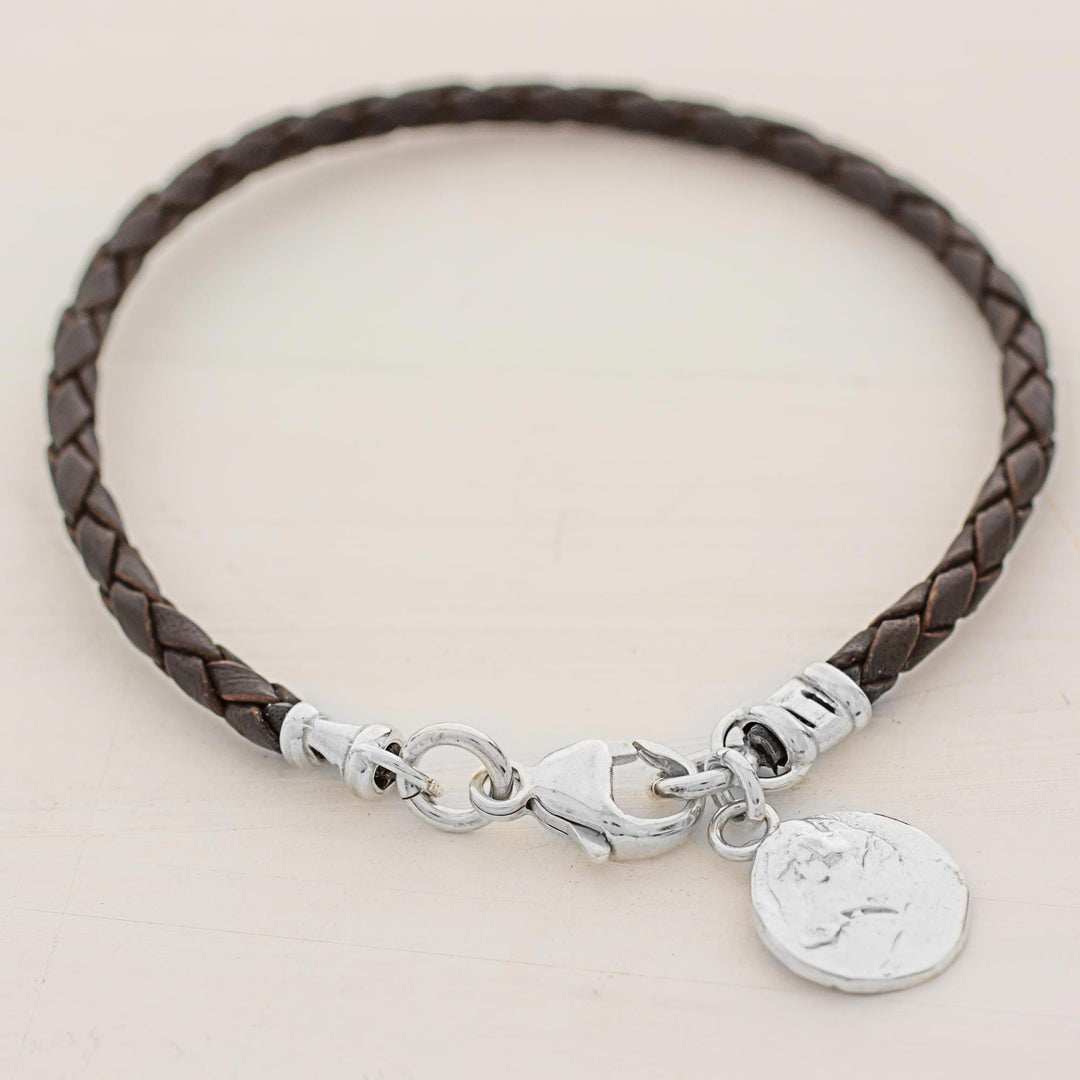 Fine Silver Brown Leather Charm Wristband Bracelet Guatemala - Walk of Life in Brown