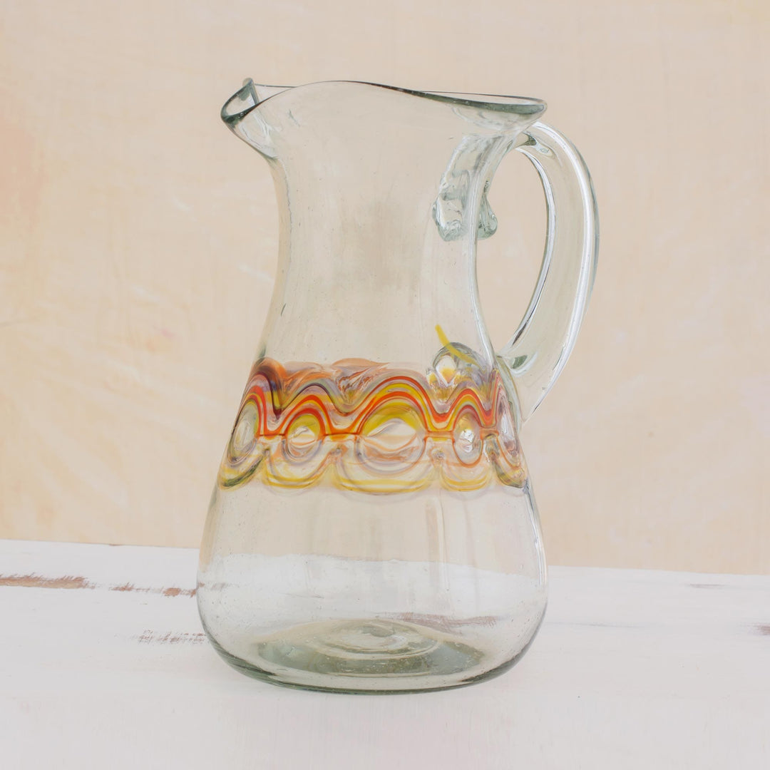 Hand Blown Recycled Glass Pitcher with Orange Motifs - Orange Reef