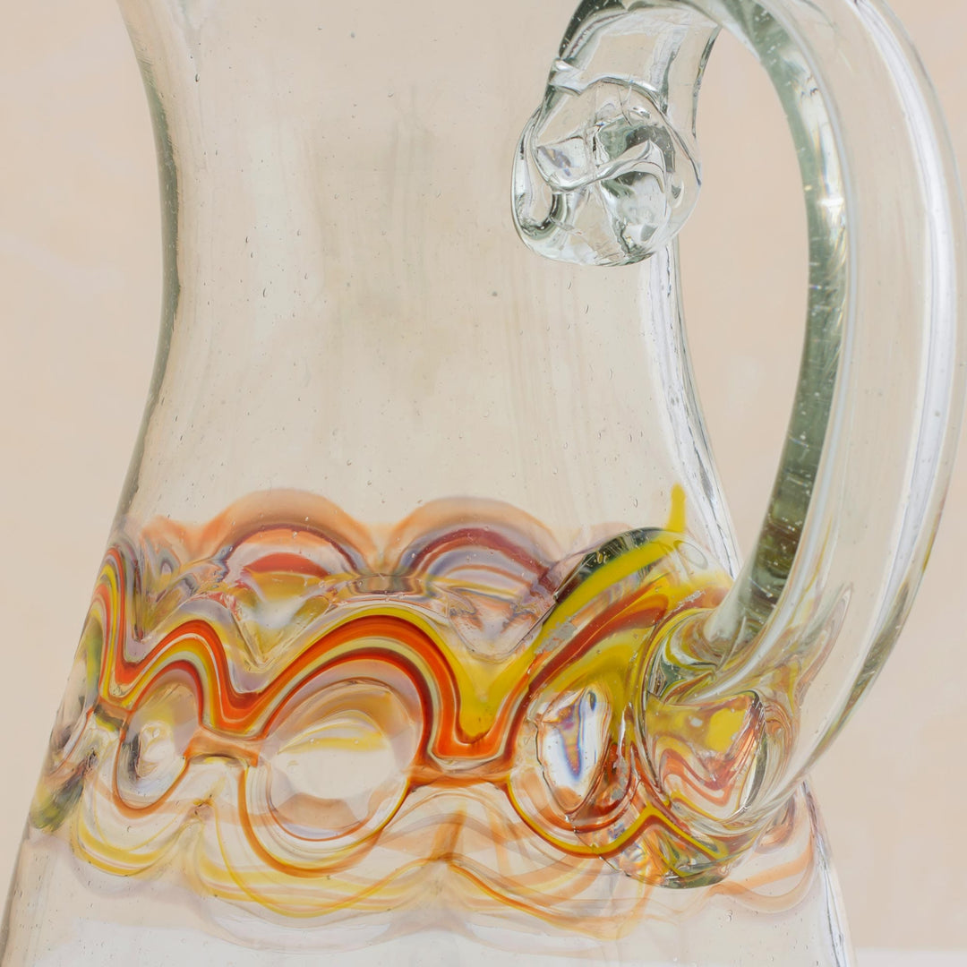 Hand Blown Recycled Glass Pitcher with Orange Motifs - Orange Reef