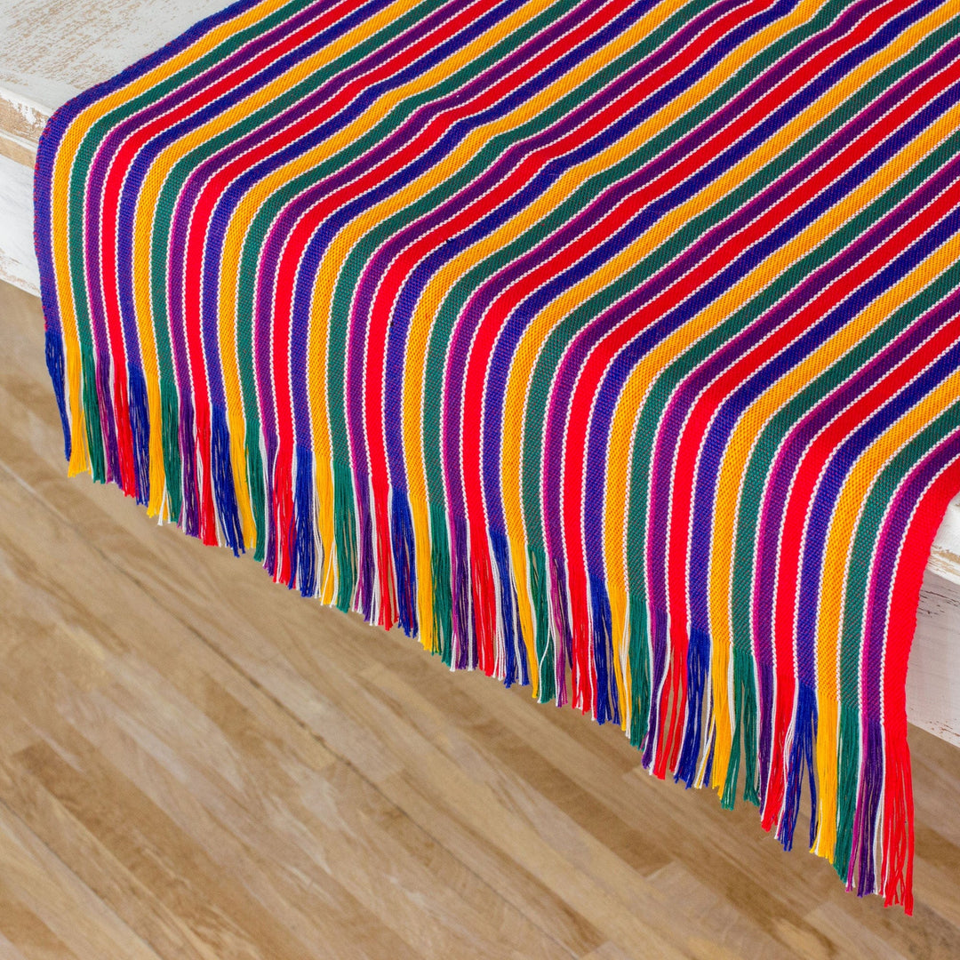 Multicolor Striped Cotton Table Runner from Guatemala - Path of Happiness