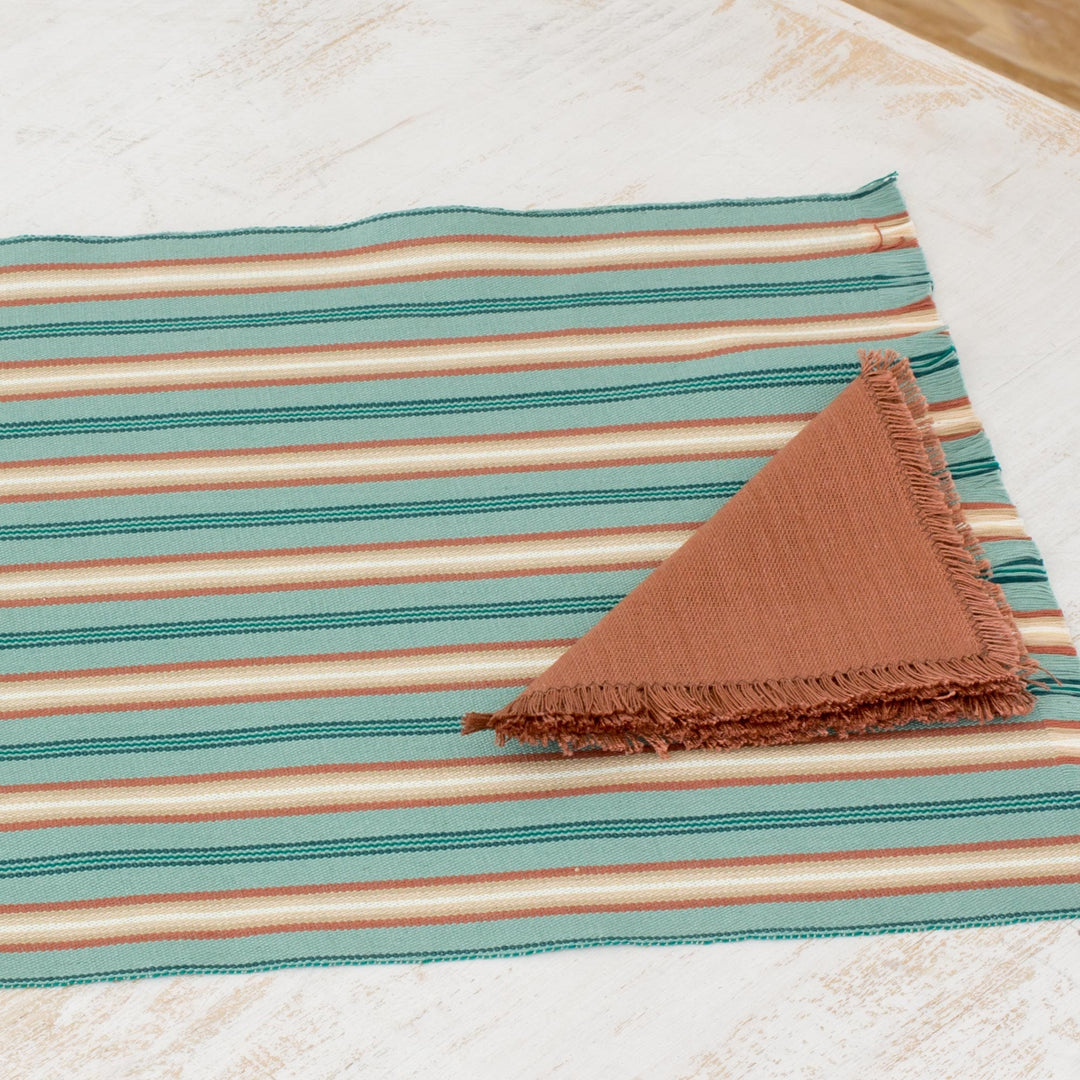 Six Cotton Placemats and Napkins in Celadon and Russet - Celadon Trails