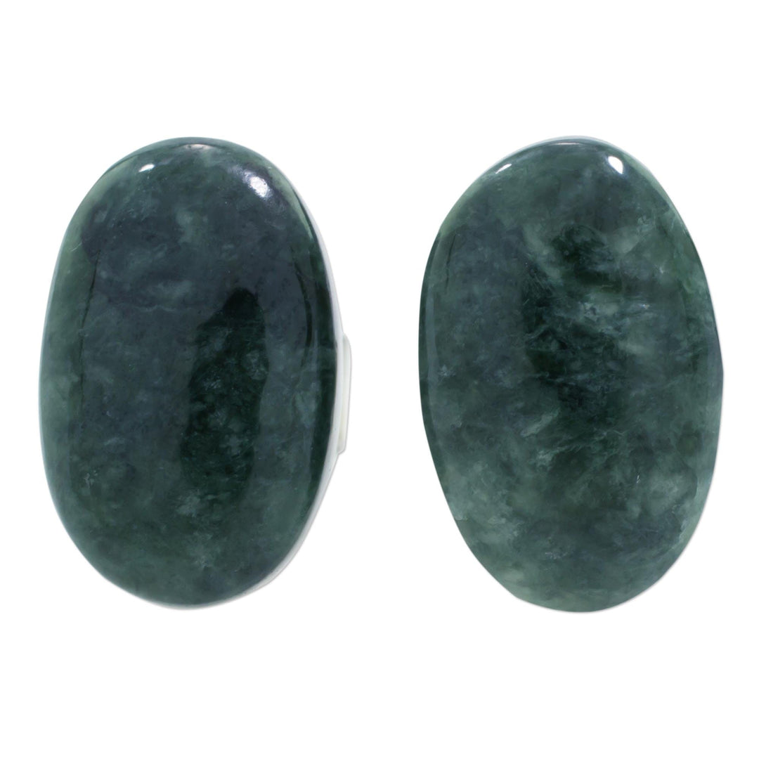 Dark Green Jade Oval Button Earrings from Guatemala - Oval Simplicity in Dark Green