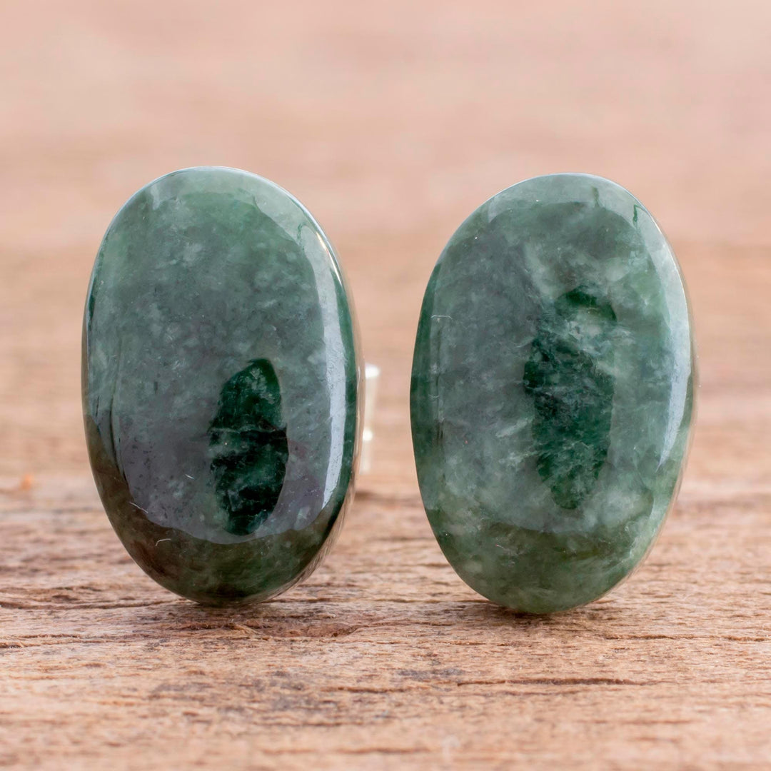 Dark Green Jade Oval Button Earrings from Guatemala - Oval Simplicity in Dark Green