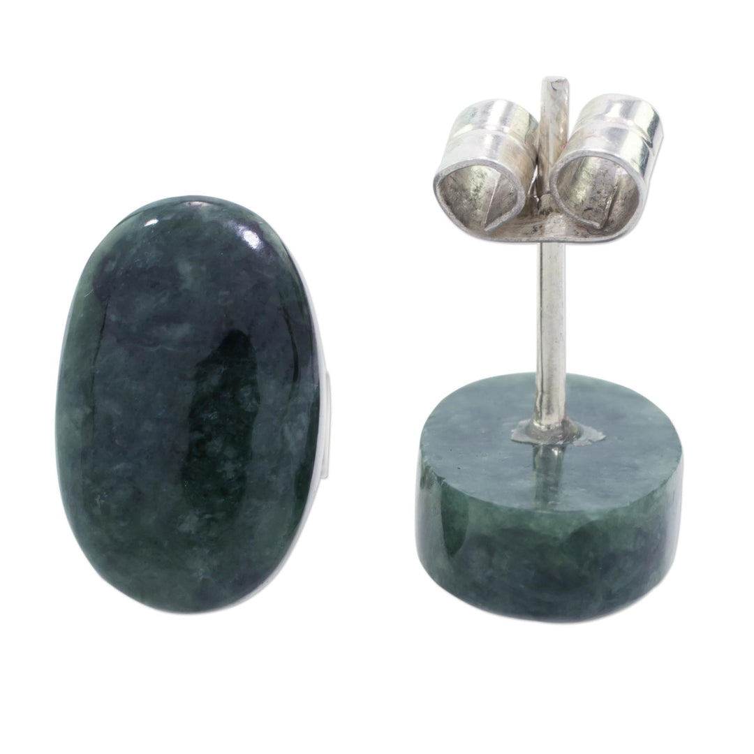 Dark Green Jade Oval Button Earrings from Guatemala - Oval Simplicity in Dark Green