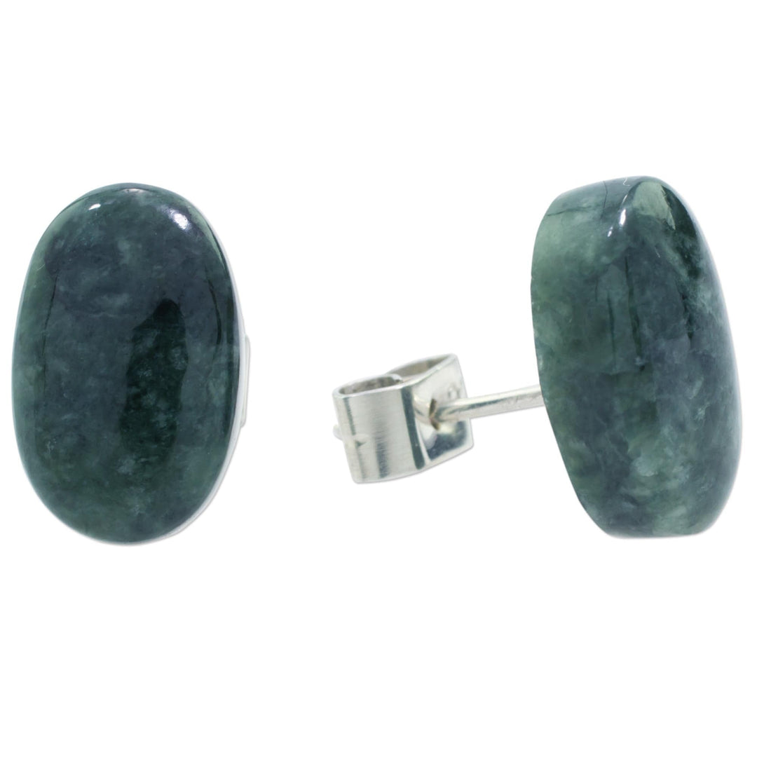 Dark Green Jade Oval Button Earrings from Guatemala - Oval Simplicity in Dark Green