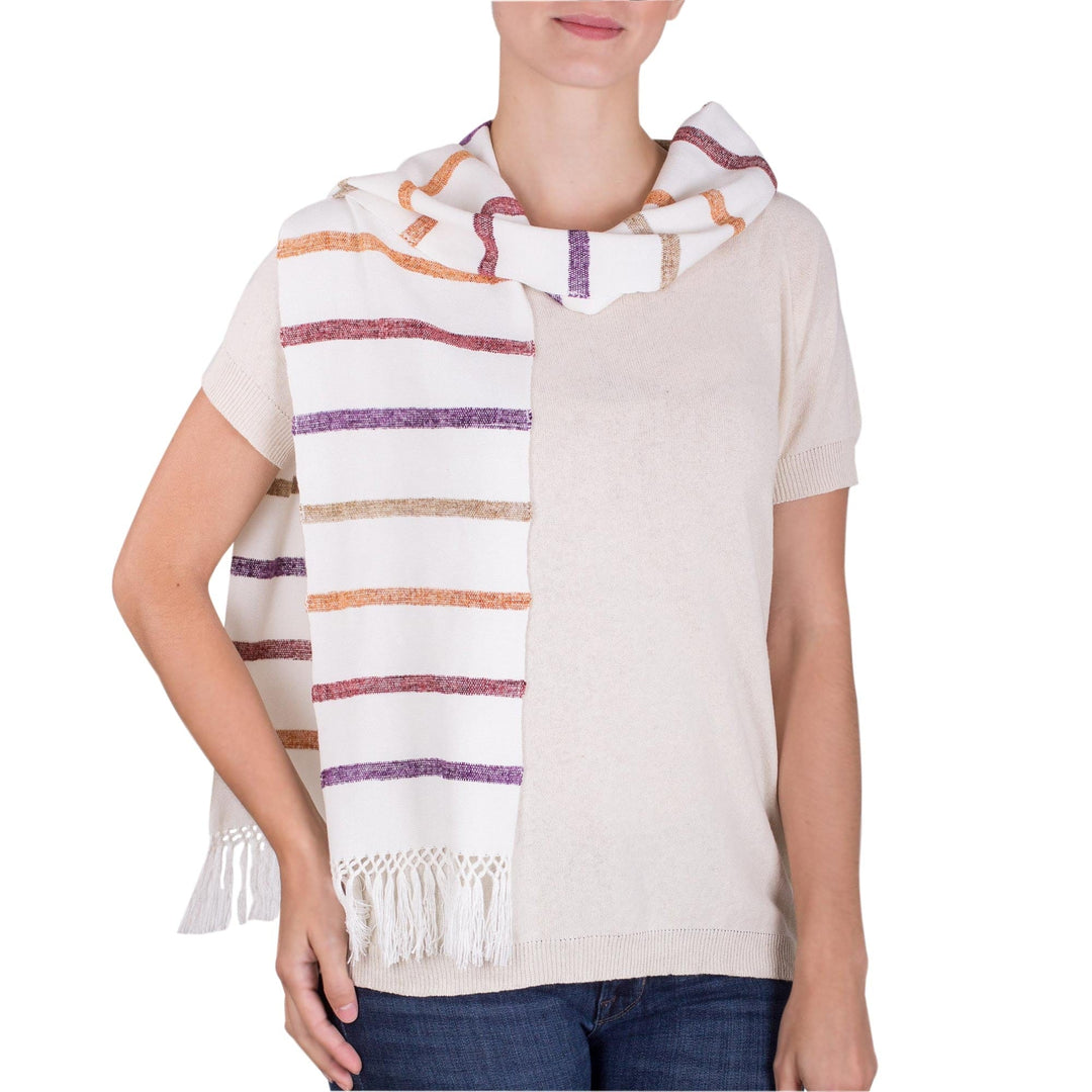 Striped Rayon Wrap Scarf in White - Autumn Memories