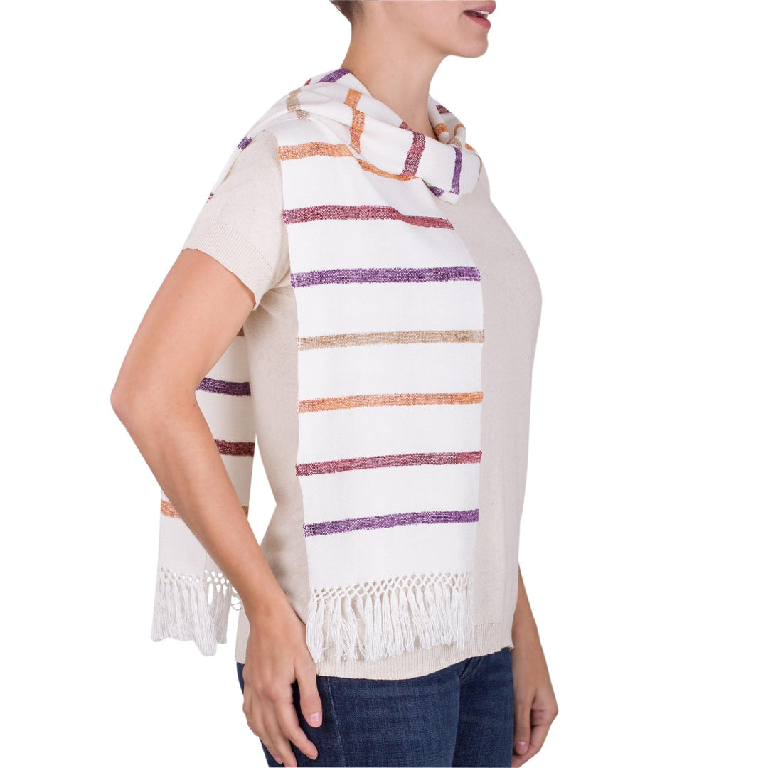 Striped Rayon Wrap Scarf in White - Autumn Memories