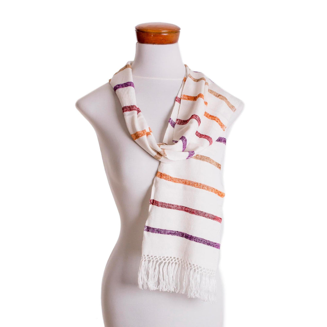 Striped Rayon Wrap Scarf in White - Autumn Memories