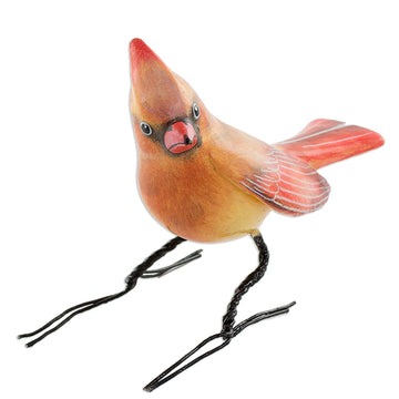 Handmade Cardinal Clay Bird Figurine from Guatemala - Cardinal Beauty