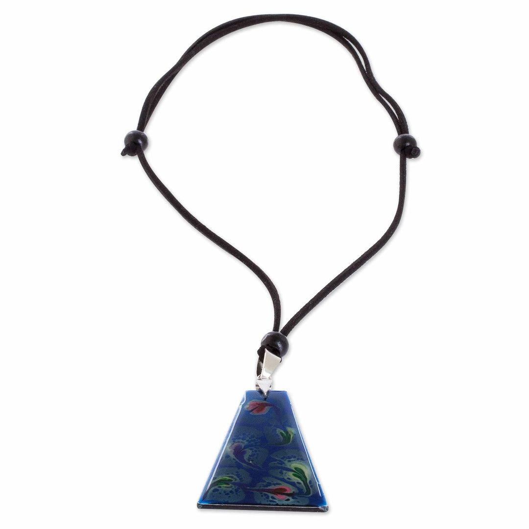Blue Trapezoid Art Glass Pendant Necklace from Costa Rica - Deep Sea Currents