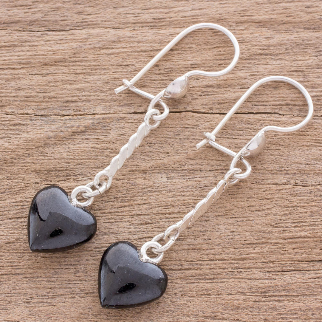 Heart-Shaped Black Jade Dangle Earrings from Guatemala - Black Spirals of Love