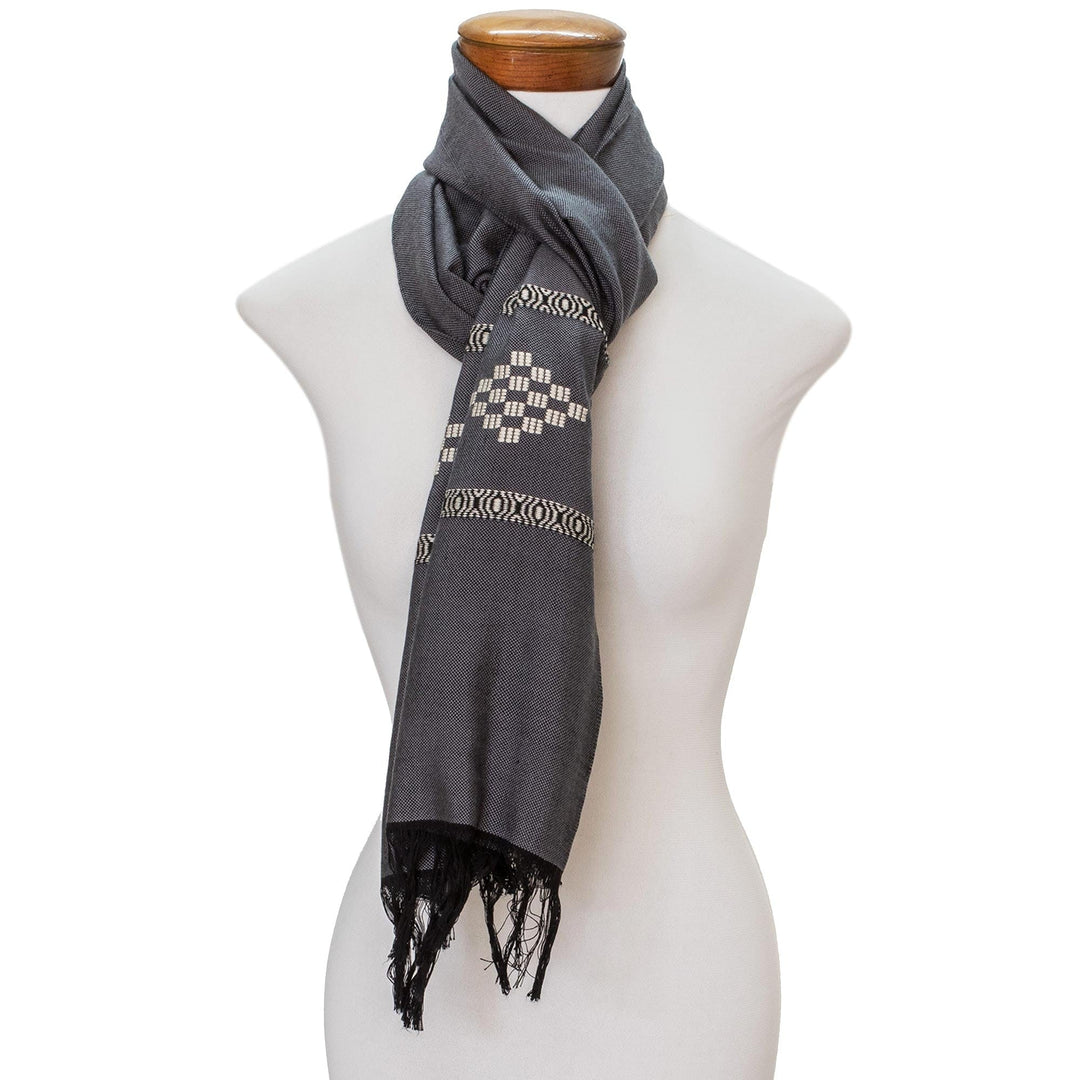 Grey Cotton Blend Scarf with Warm White Diamond Motif - Diamond Diva in Grey