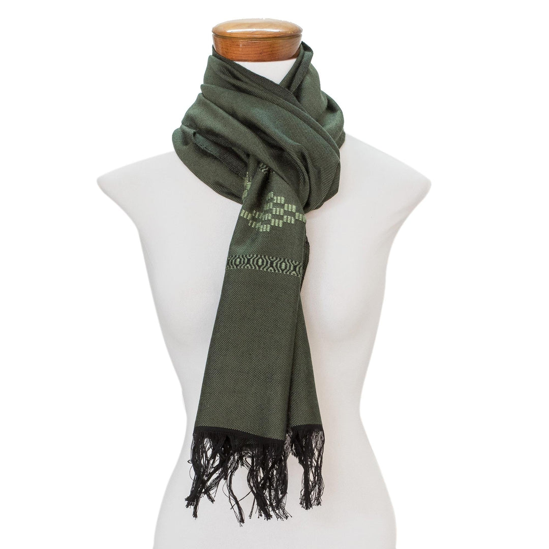Green Cotton Blend Scarf with Diamond Motif - Diamond Diva in Green