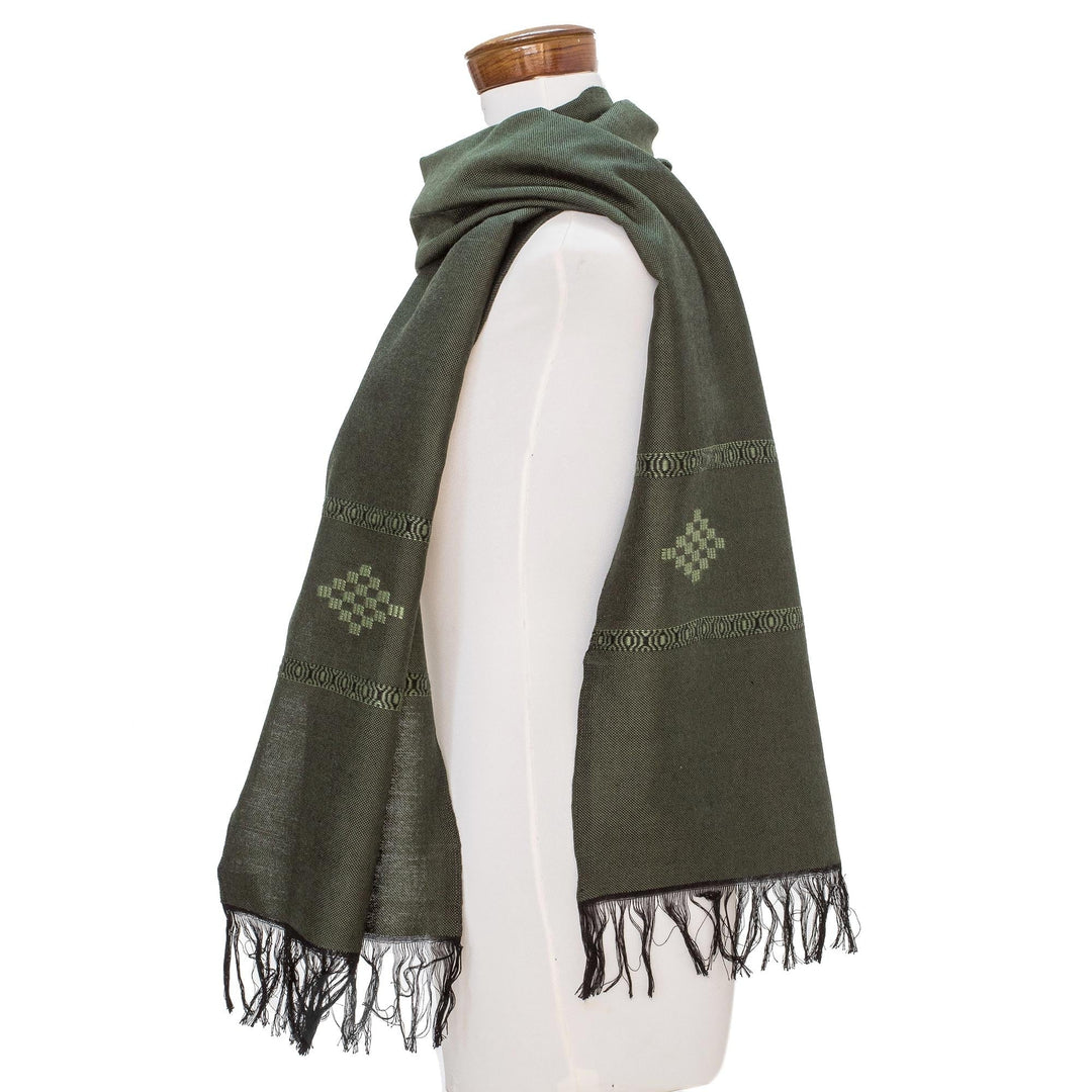 Green Cotton Blend Scarf with Diamond Motif - Diamond Diva in Green