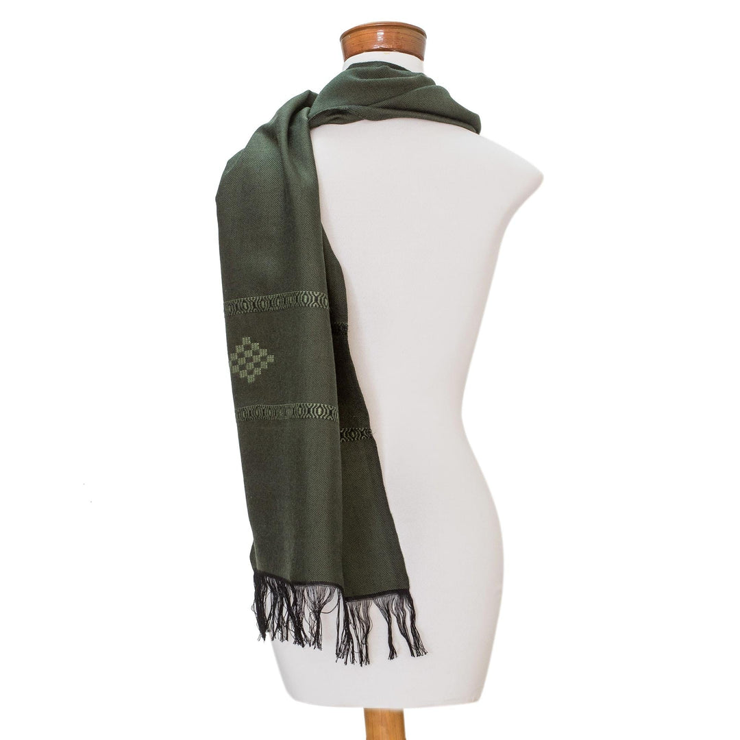 Green Cotton Blend Scarf with Diamond Motif - Diamond Diva in Green