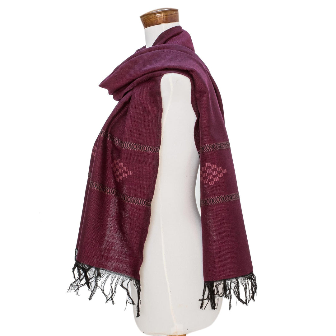 Handwoven Purple Cotton Blend Scarf with Diamond Motif - Diamond Diva in Purple