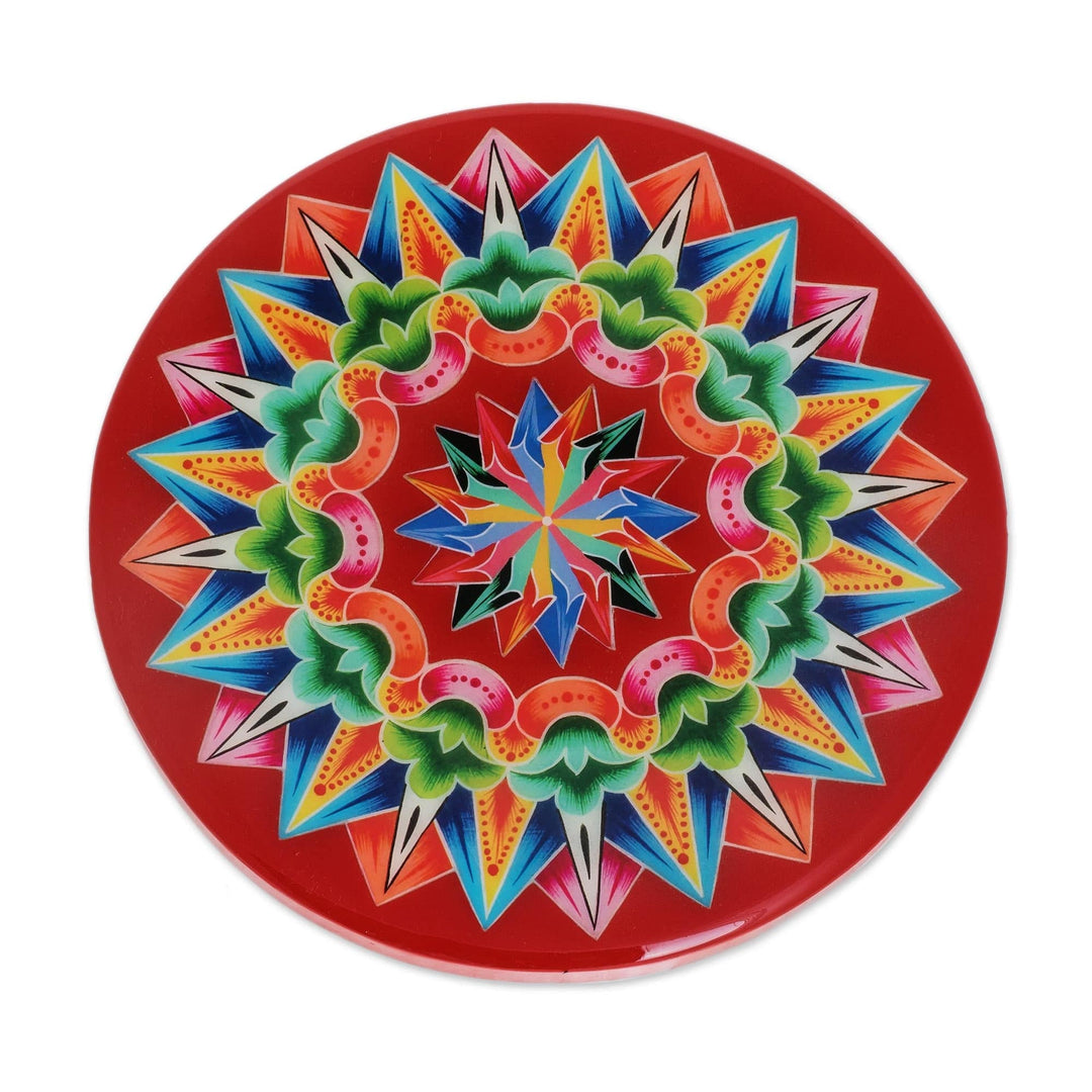 Decoupage Wood Trivet in Red from Costa Rica - Traditional Colors in Red