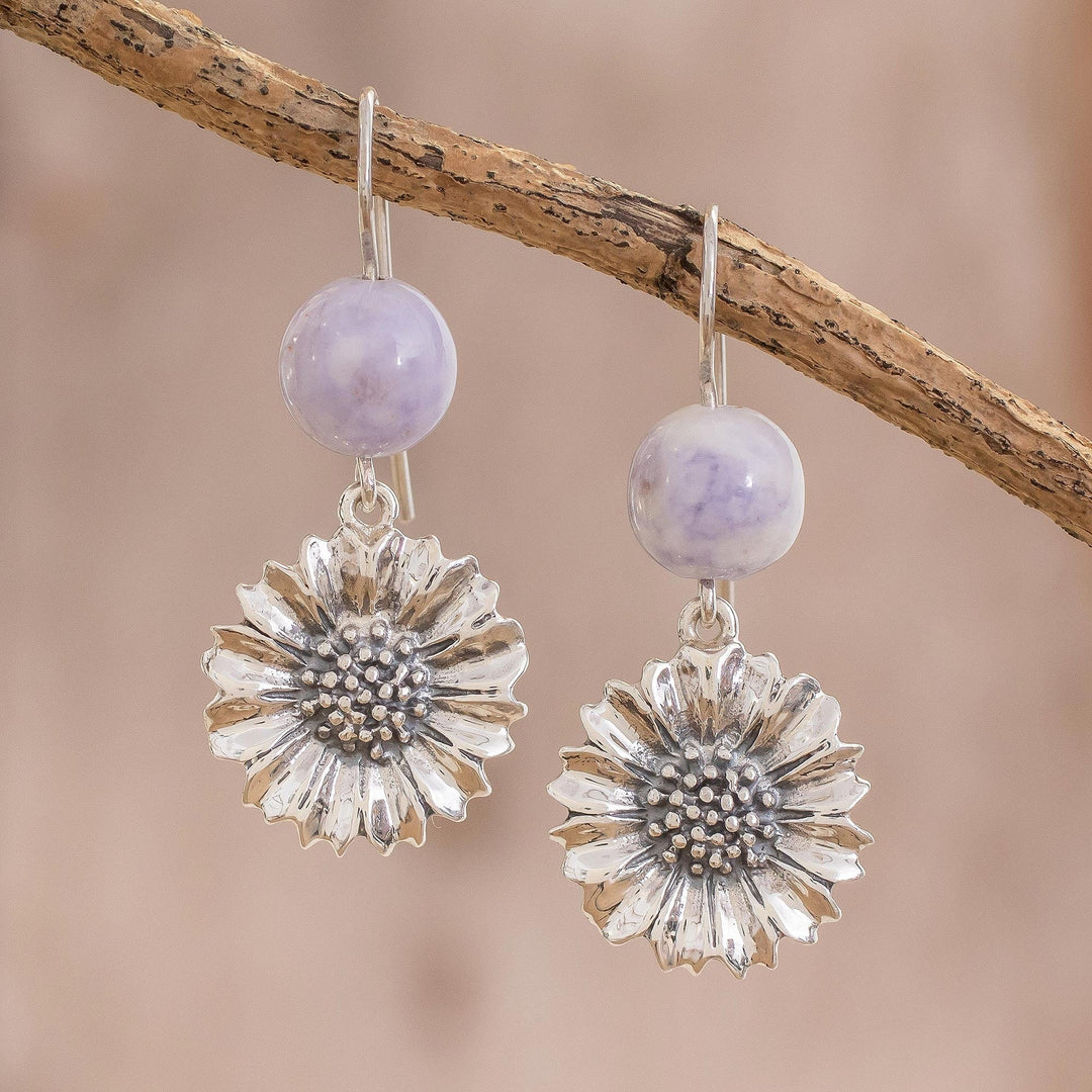 Floral Lilac Jade Dangle Earrings from Guatemala - Lilac Gerbera