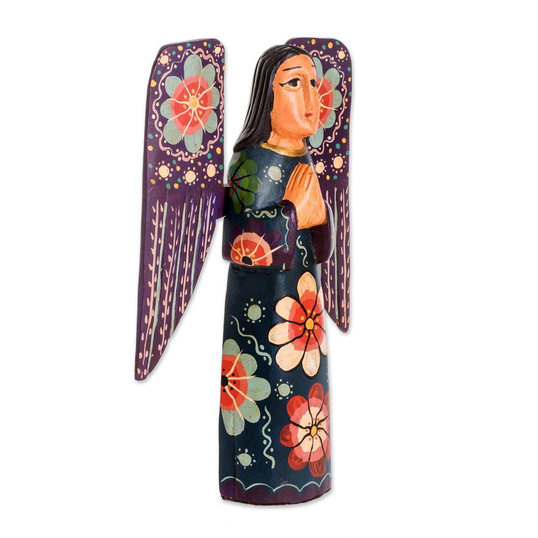 Floral Wood Praying Angel Sculpture from Guatemala - Humble Prayer