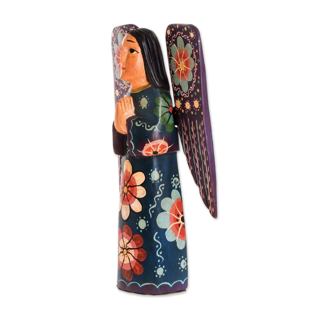 Floral Wood Praying Angel Sculpture from Guatemala - Humble Prayer