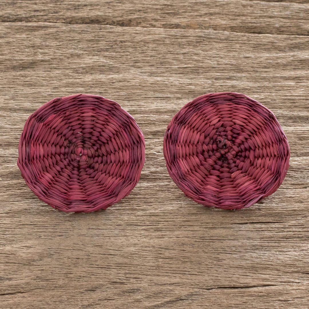 Fuchsia Handwoven Junco Reed Circular Button Earrings - Circular Sensation in Fuchsia