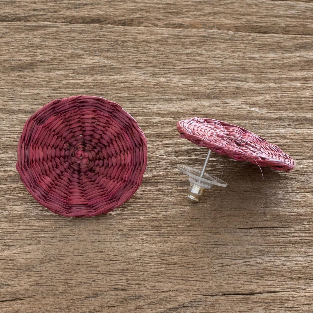 Fuchsia Handwoven Junco Reed Circular Button Earrings - Circular Sensation in Fuchsia