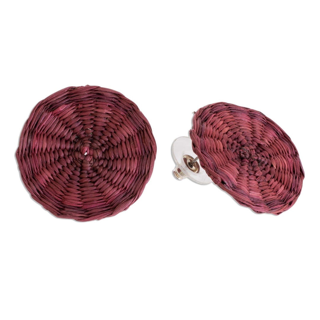 Fuchsia Handwoven Junco Reed Circular Button Earrings - Circular Sensation in Fuchsia