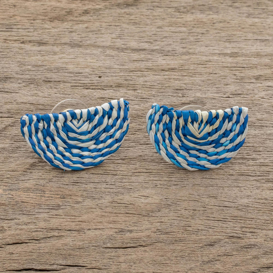Blue and Ivory Woven Junco Reed Half-Circle Button Earrings - Creamsicle Swirl