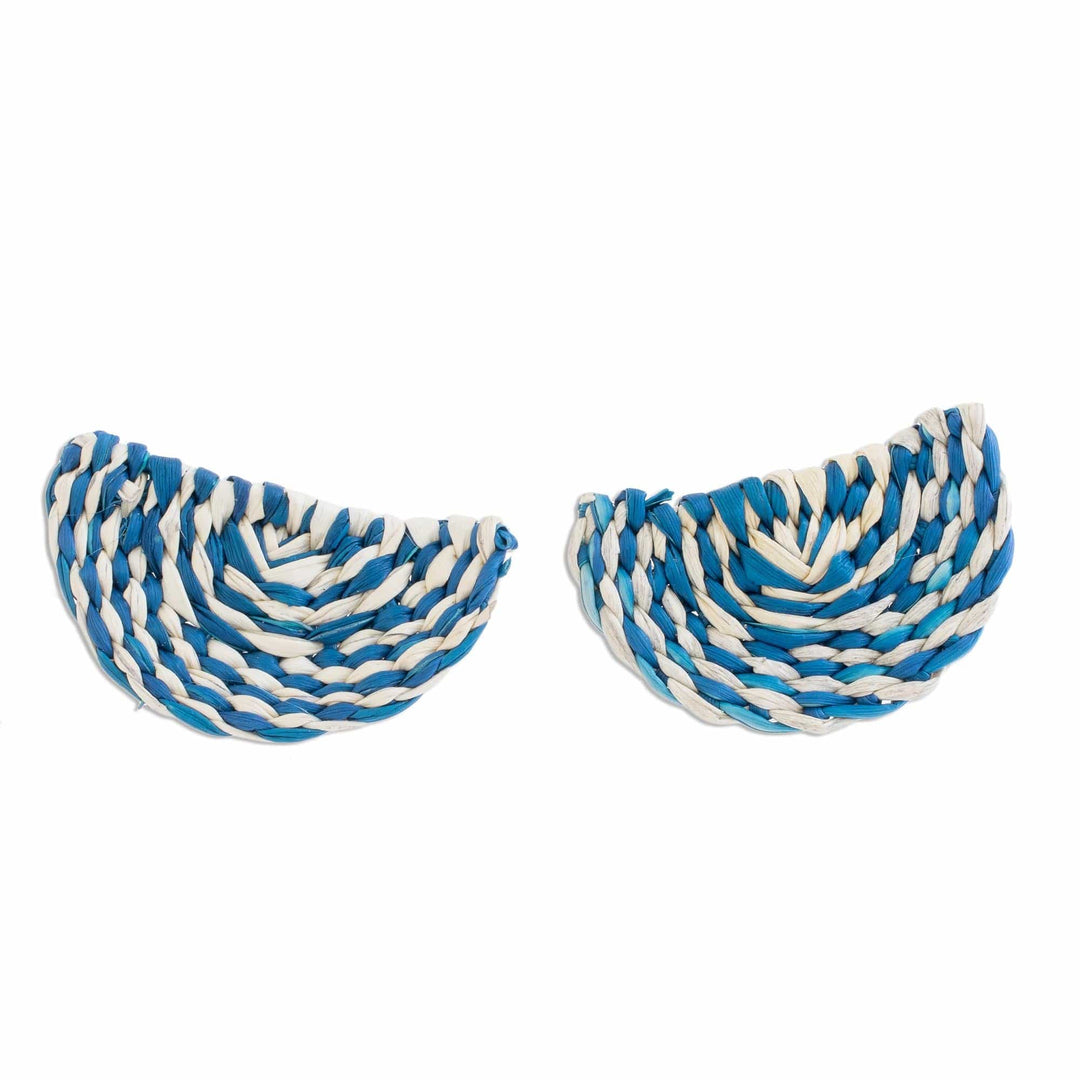 Blue and Ivory Woven Junco Reed Half-Circle Button Earrings - Creamsicle Swirl