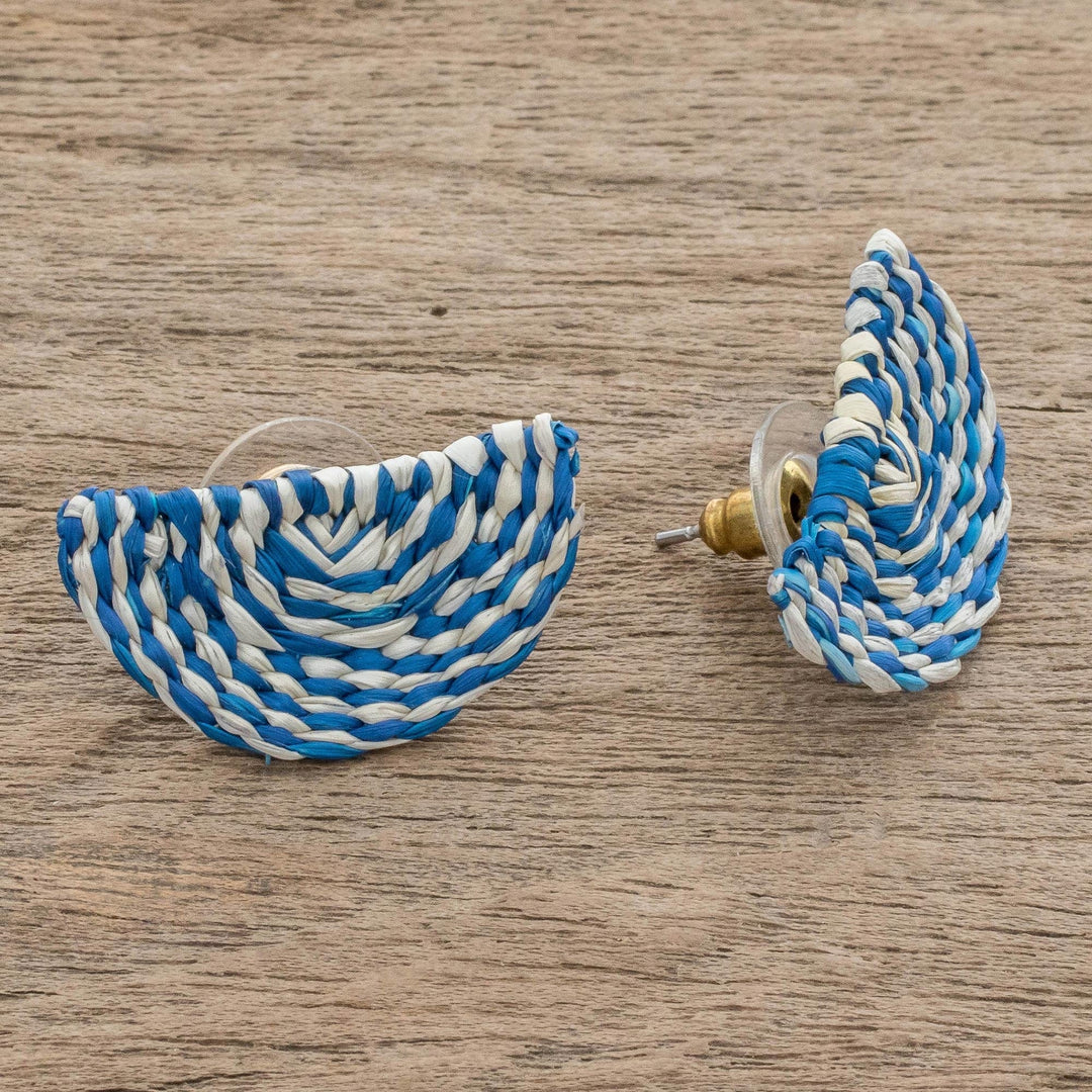 Blue and Ivory Woven Junco Reed Half-Circle Button Earrings - Creamsicle Swirl