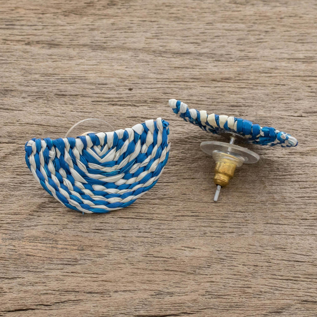 Blue and Ivory Woven Junco Reed Half-Circle Button Earrings - Creamsicle Swirl
