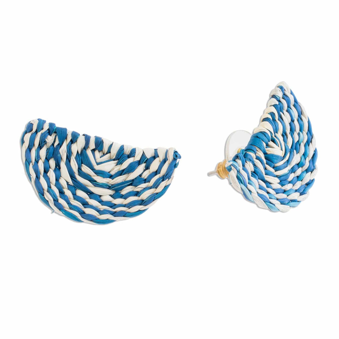 Blue and Ivory Woven Junco Reed Half-Circle Button Earrings - Creamsicle Swirl