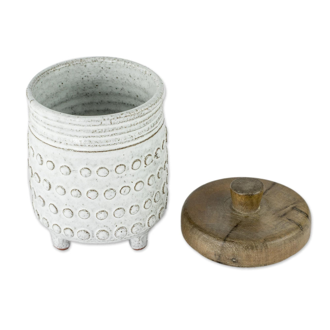 Textured White Ceramic Sugar Bowl with Wood Lid - Sweet Encounter