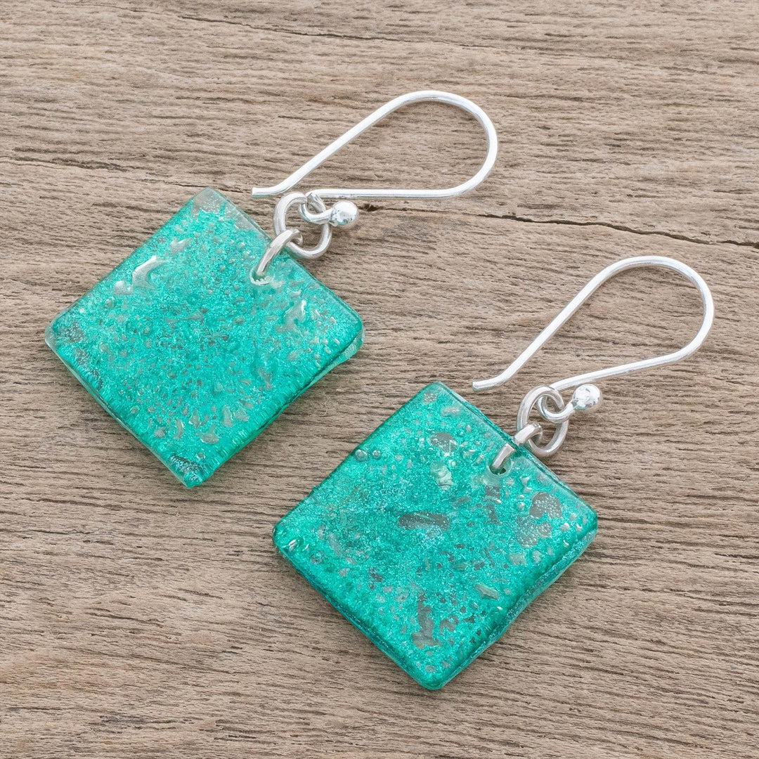 Square Recycled CD Dangle Earrings in Blue from Guatemala - Square Lakes