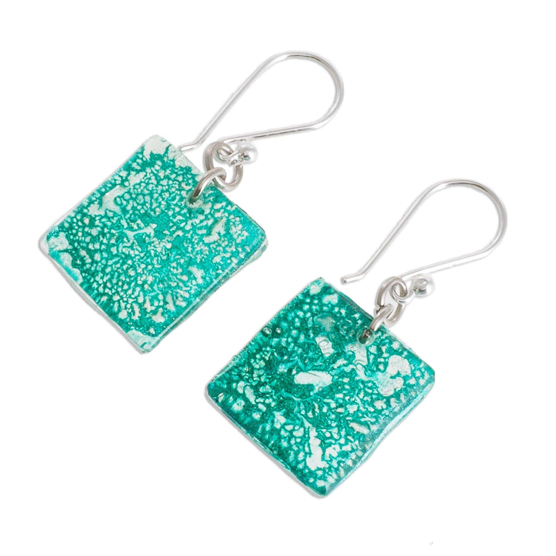 Square Recycled CD Dangle Earrings in Blue from Guatemala - Square Lakes