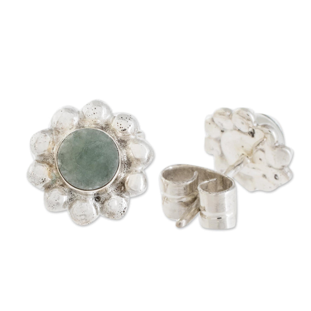 Bubble-Pattern Apple Green Jade Stud Earrings from Guatemala - Bubbly Flowers