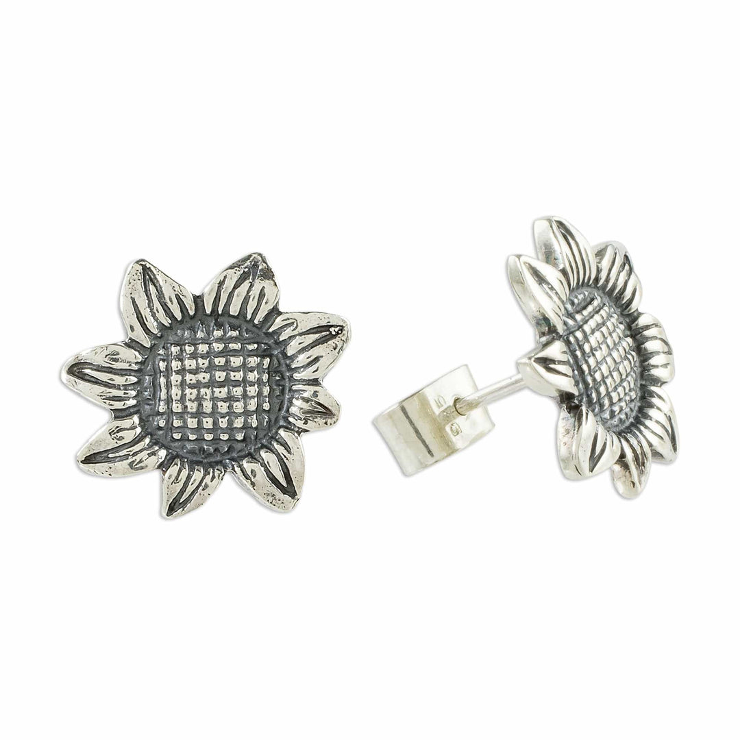Oxidized Sterling Silver Sunflower Earrings - Vintage Sunflower
