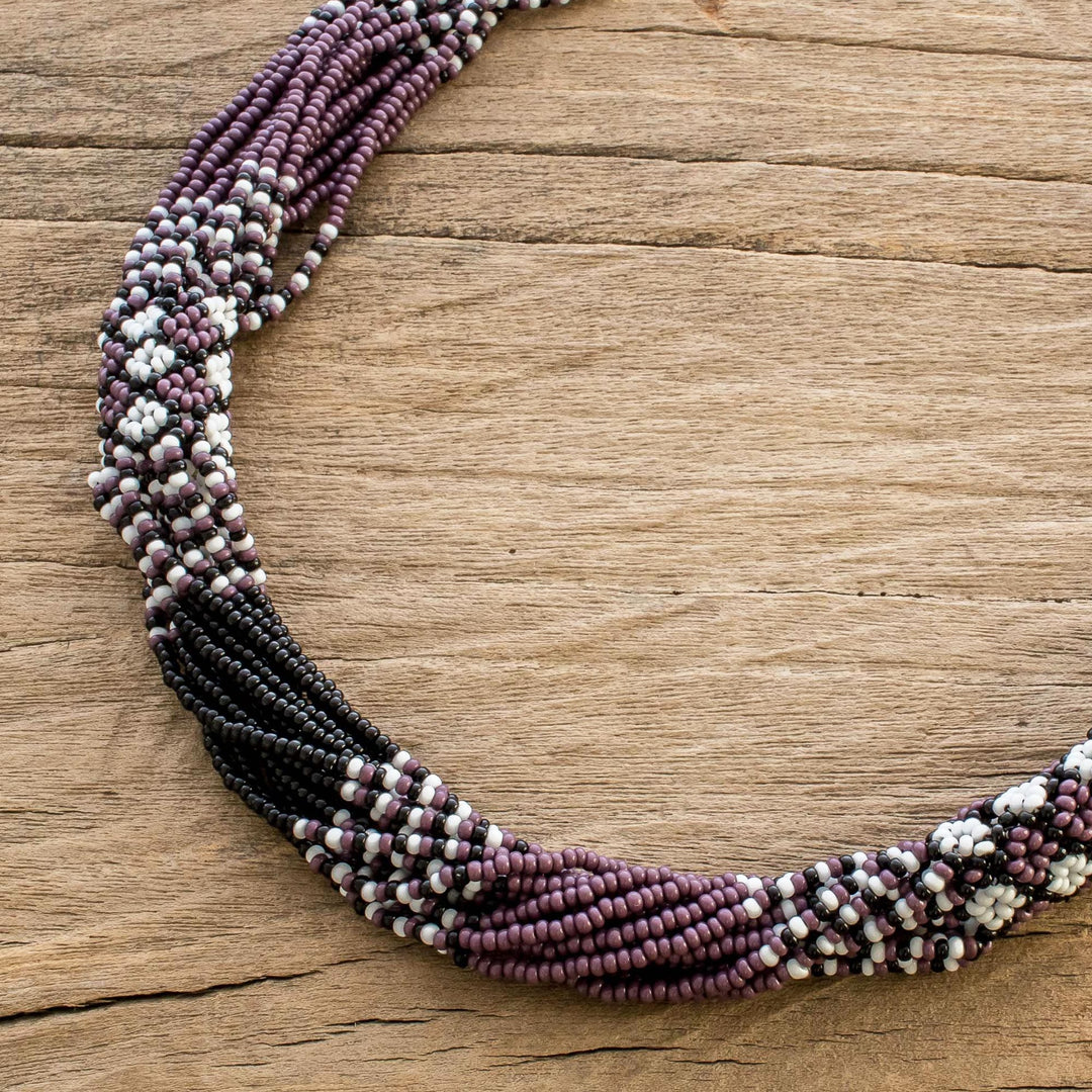 Purple and Black Long Beaded Necklace - Black and Plum Harmony