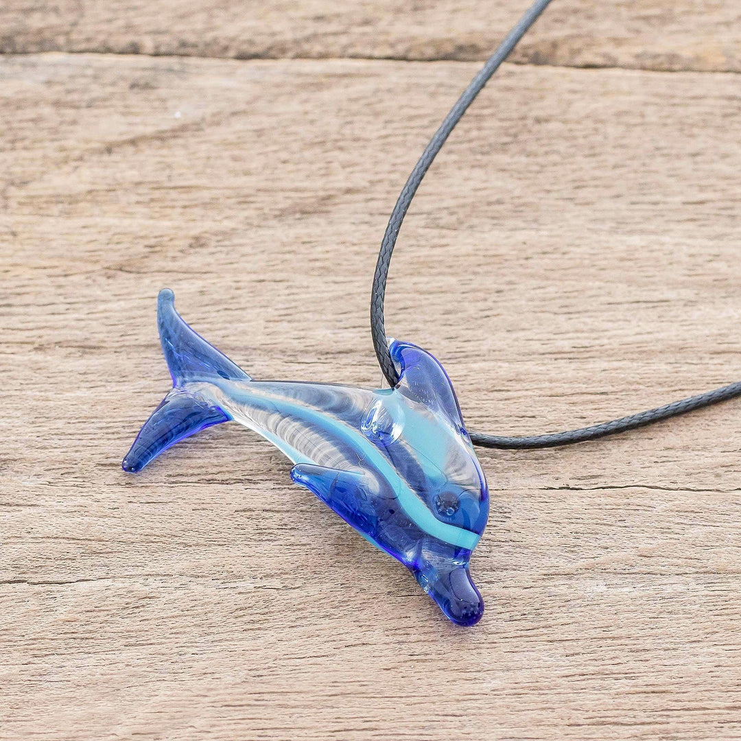 Hand-Blown Blue Glass Dolphin Necklace From Costa Rica - Marine Freedom