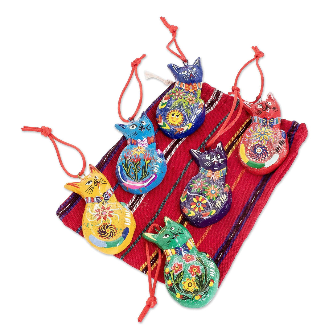 Set of 6 Terracotta Hanging Cat Ornaments From Guatemala - Rainbow Cats