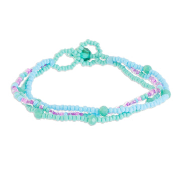 Glass Bead Strand Bracelet in Aqua and Lilac from Guatemala - Lines in Turquoise