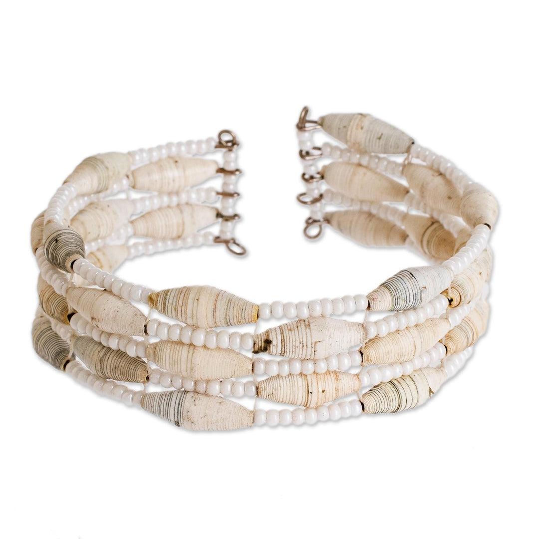Beaded Recycled Paper Cuff Bracelet - Nature of Life in White