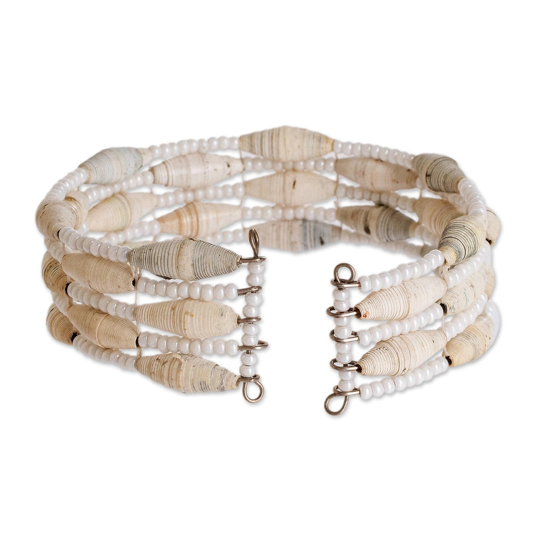 Beaded Recycled Paper Cuff Bracelet - Nature of Life in White