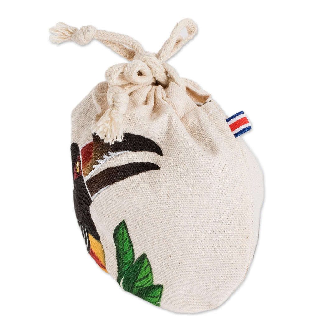 Hand Painted Costa Rican Toucan Cotton Drawstring Pouch - Ariel Toucan