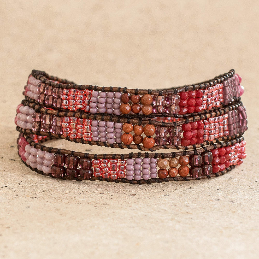 Glass Bead Braided Bracelet in Tones of Rose and Brown - Earth Rose